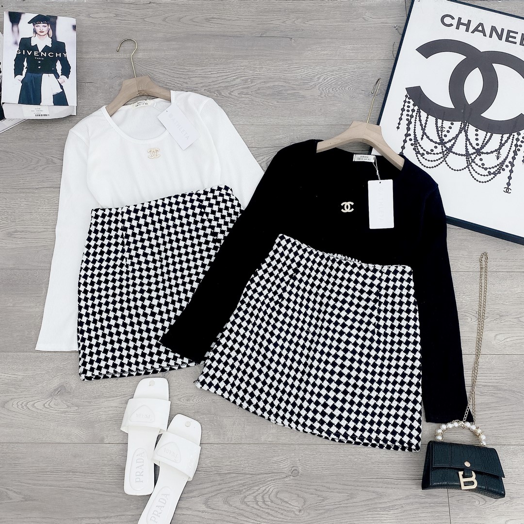 Set bộ chanel gồm áo và chân váy phối sọc trắng Váy Đầm #36 Set bộ chanel gồm áo và chân váy phối sọc trắng Váy Đầm